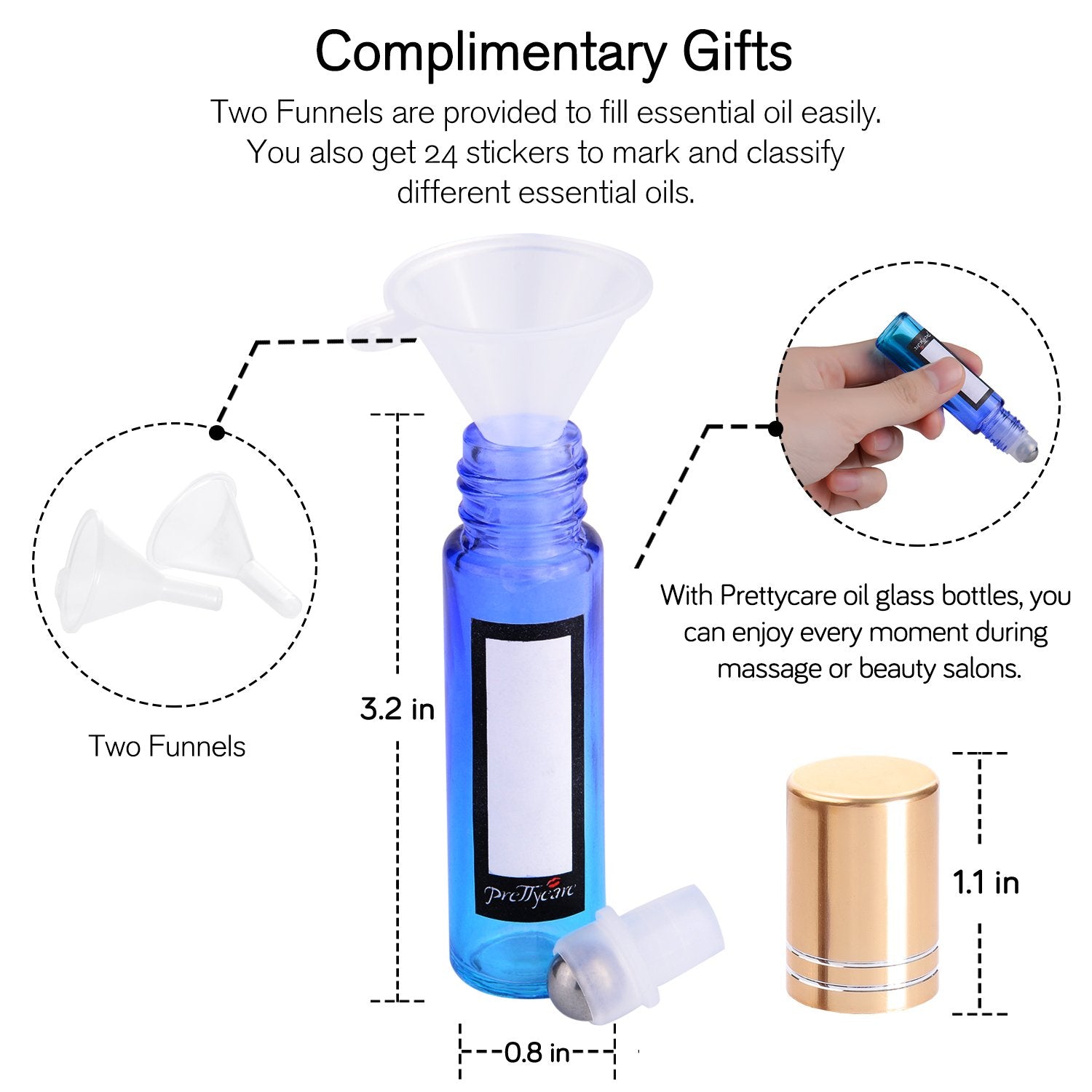 Prettycare Roller Bottles 10Ml (12 Pack Rainbow Glass, Golden Cap, 24 Labels, 2 Extra Roller Balls, Opener, 2 Funnels) For Essen